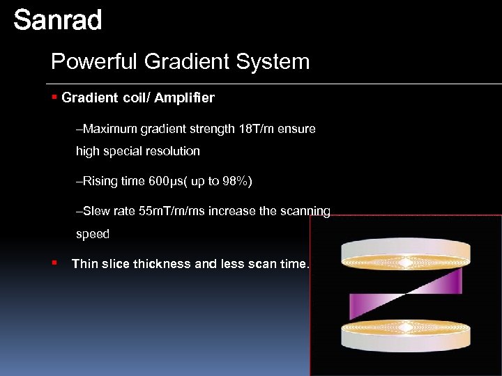 Sanrad Powerful Gradient System § Gradient coil/ Amplifier –Maximum gradient strength 18 T/m ensure