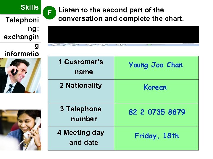 Skills Telephoni ng: exchangin g informatio n F Listen to the second part of