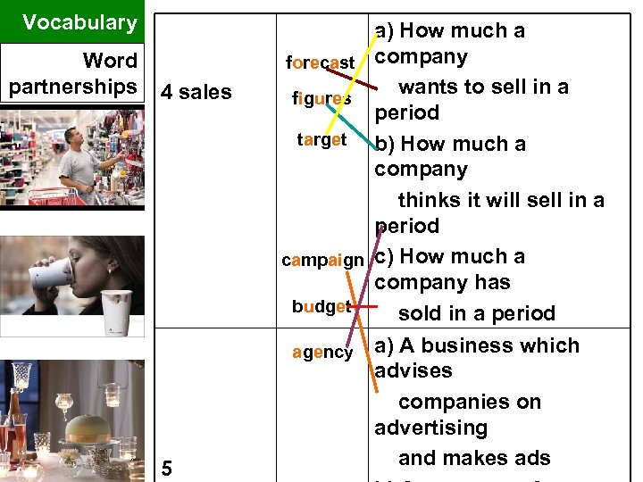 Vocabulary Word partnerships 4 sales a) How much a forecast company wants to sell