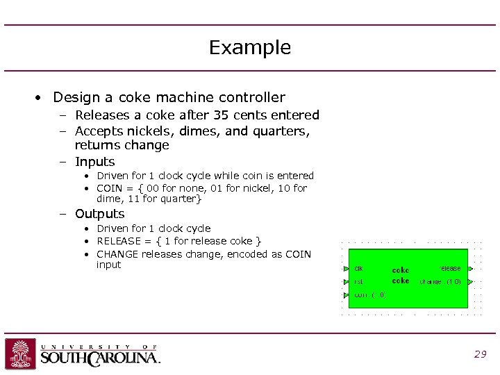 Example • Design a coke machine controller – Releases a coke after 35 cents