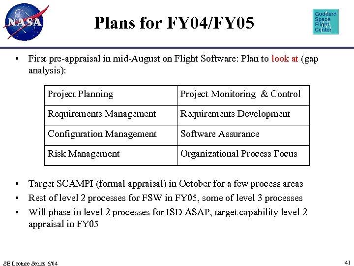 Plans for FY 04/FY 05 • First pre-appraisal in mid-August on Flight Software: Plan