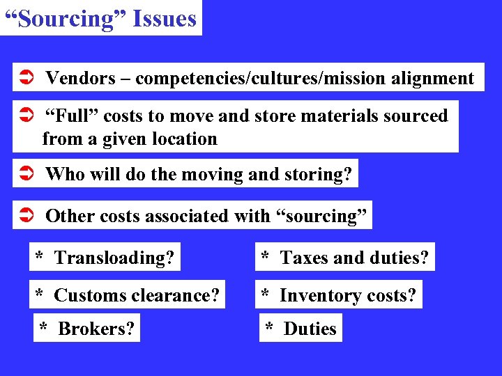 “Sourcing” Issues Ü Vendors – competencies/cultures/mission alignment Ü “Full” costs to move and store