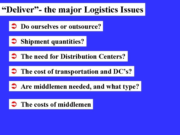 “Deliver”- the major Logistics Issues Ü Do ourselves or outsource? Ü Shipment quantities? Ü