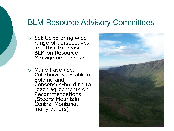 BLM Resource Advisory Committees ¡ Set Up to bring wide range of perspectives together