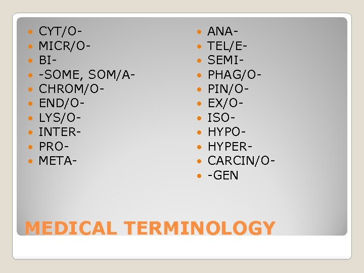  CYT/OMICR/OBI-SOME, SOM/ACHROM/OEND/OLYS/OINTERPROMETA- ANATEL/ESEMIPHAG/OPIN/OEX/OISOHYPERCARCIN/O-GEN MEDICAL TERMINOLOGY 