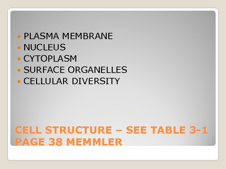PLASMA MEMBRANE NUCLEUS CYTOPLASM SURFACE ORGANELLES CELLULAR DIVERSITY CELL STRUCTURE – SEE TABLE 3