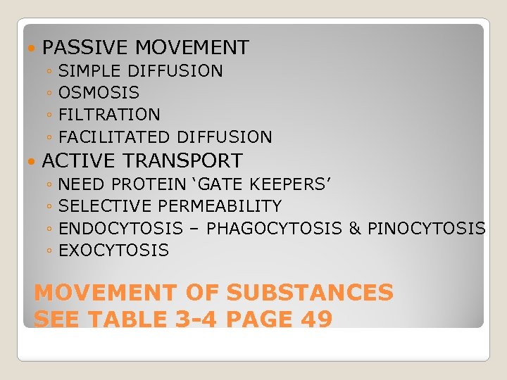  PASSIVE MOVEMENT ◦ SIMPLE DIFFUSION ◦ OSMOSIS ◦ FILTRATION ◦ FACILITATED DIFFUSION ACTIVE