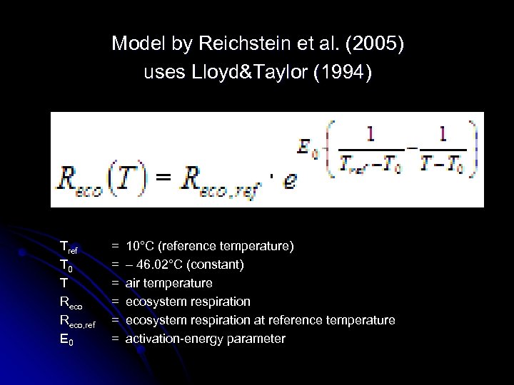 Model by Reichstein et al. (2005) uses Lloyd&Taylor (1994) Tref T 0 T Reco,