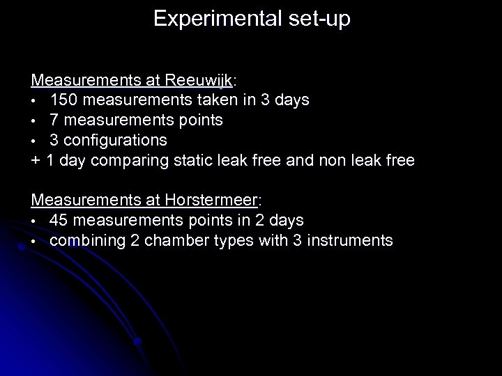 Experimental set-up Measurements at Reeuwijk: • 150 measurements taken in 3 days • 7