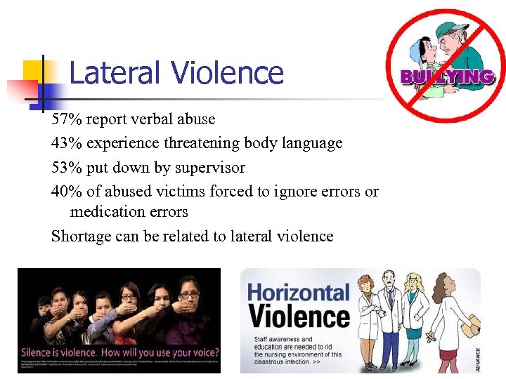 Lateral Violence 57% report verbal abuse 43% experience threatening body language 53% put down