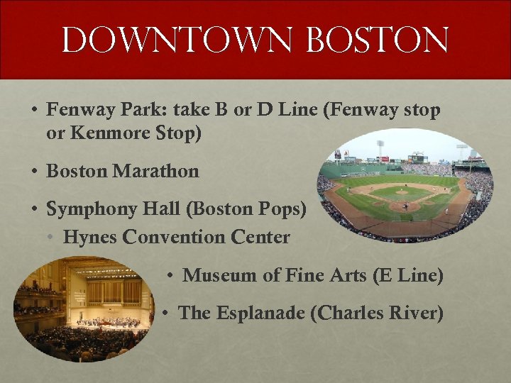 Downtown Boston • Fenway Park: take B or D Line (Fenway stop or Kenmore