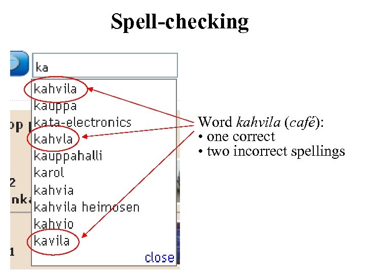 Spell-checking Word kahvila (café): • one correct • two incorrect spellings 