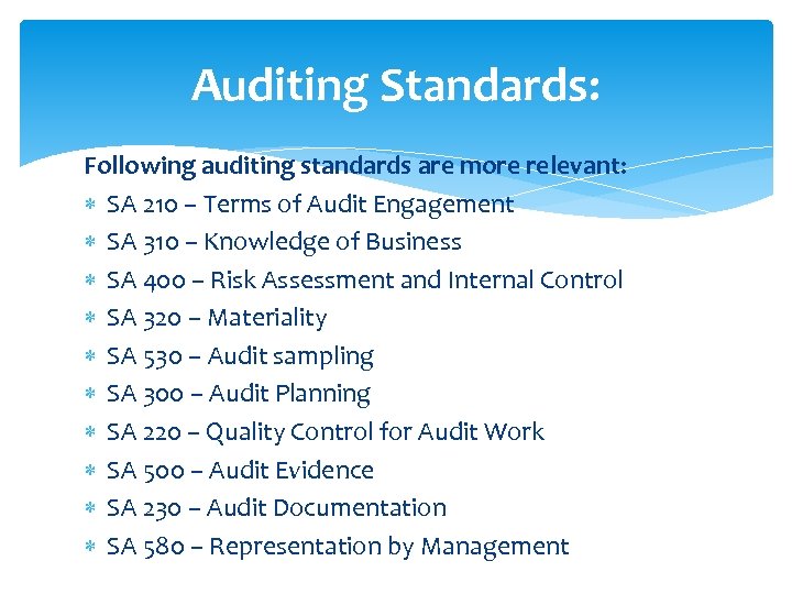 Auditing Standards: Following auditing standards are more relevant: SA 210 – Terms of Audit