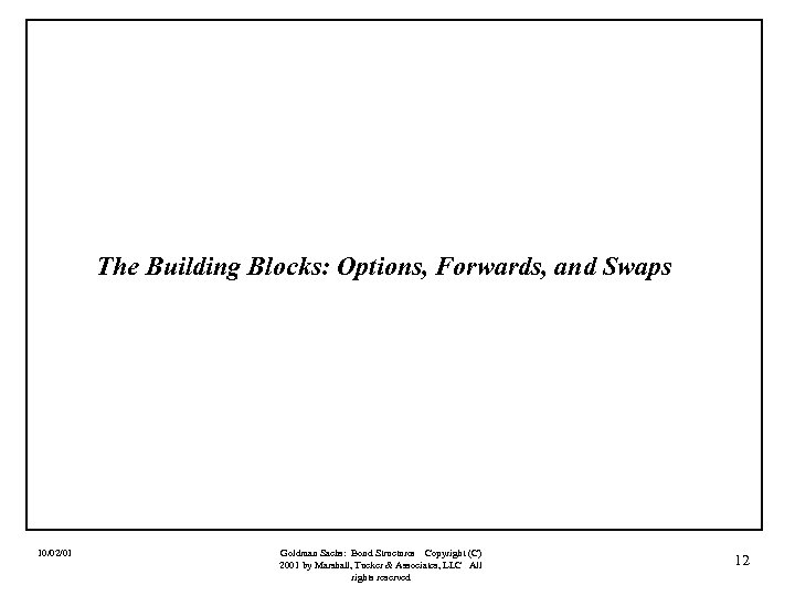 The Building Blocks: Options, Forwards, and Swaps 10/02/01 Goldman Sachs: Bond Structures Copyright (C)