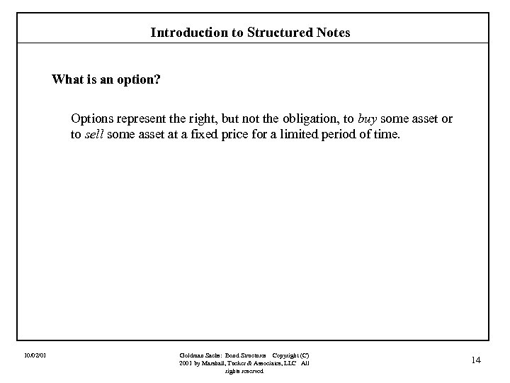 Introduction to Structured Notes What is an option? Options represent the right, but not