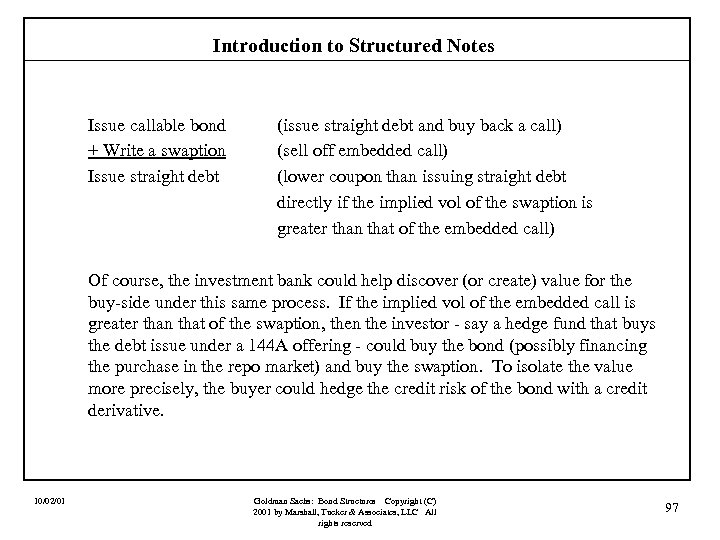 Introduction to Structured Notes Issue callable bond + Write a swaption Issue straight debt