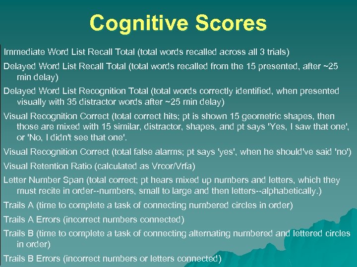Cognitive Scores Immediate Word List Recall Total (total words recalled across all 3 trials)