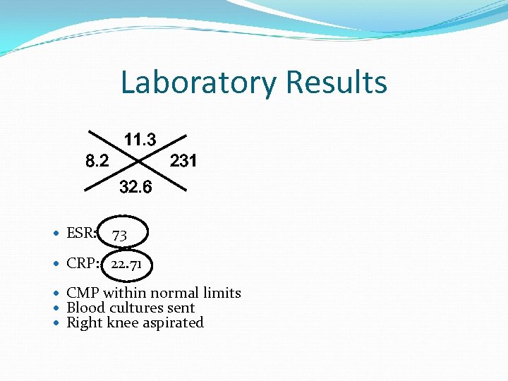 Laboratory Results 8. 2 11. 3 231 32. 6 ESR: 73 CRP: 22. 71