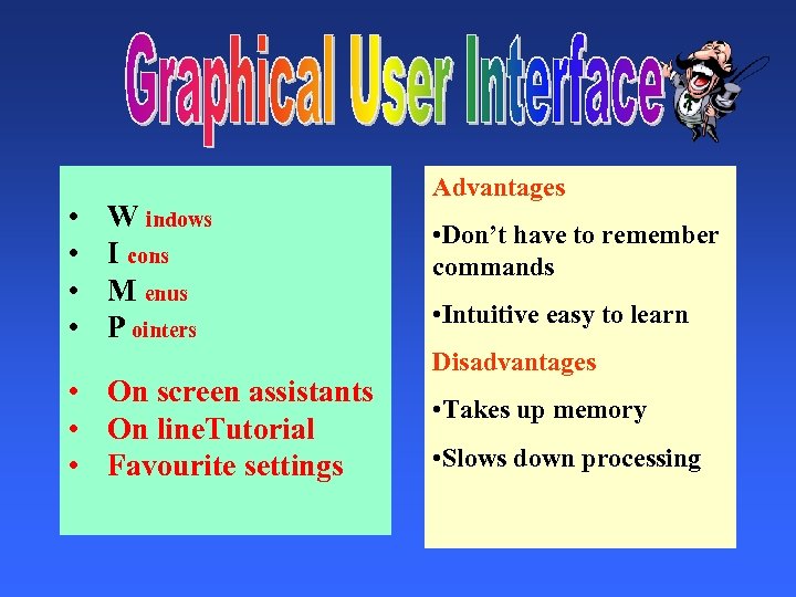  • • W indows I cons M enus P ointers • On screen