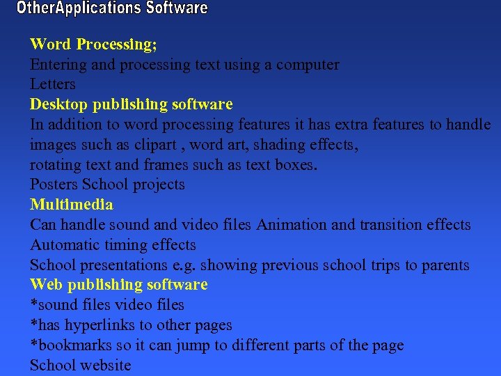 Word Processing; Entering and processing text using a computer Letters Desktop publishing software In
