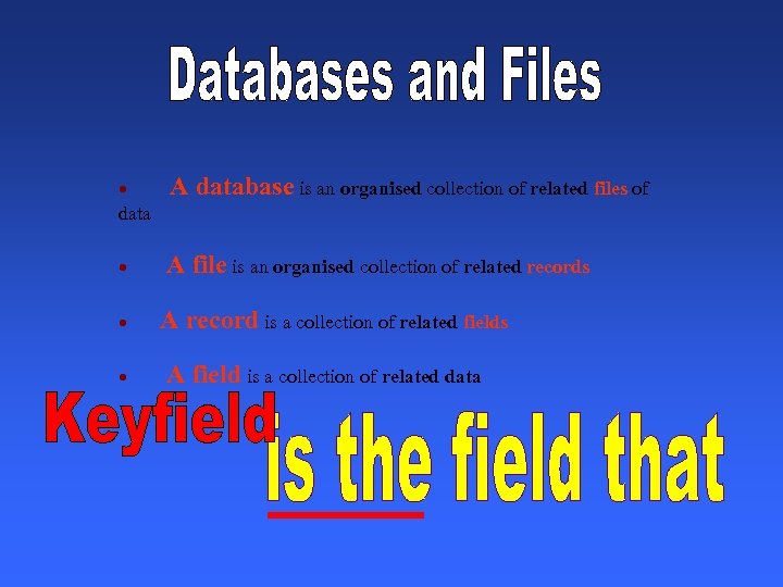  · A database is an organised collection of related files of data ·