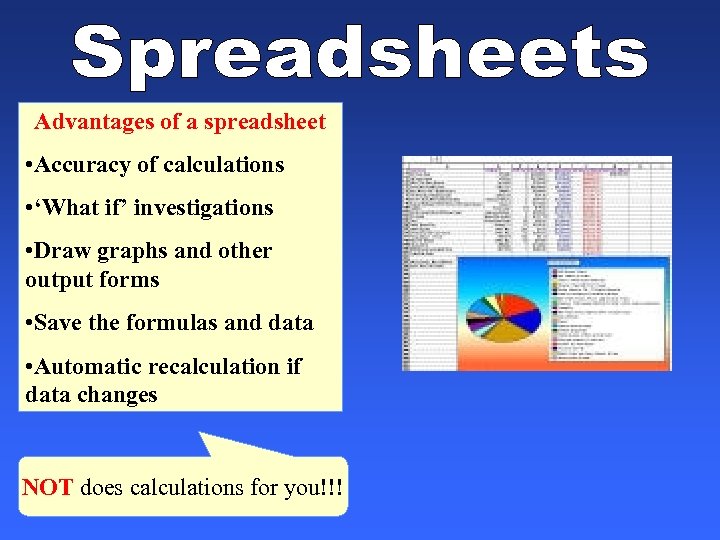 Advantages of a spreadsheet • Accuracy of calculations • ‘What if’ investigations • Draw