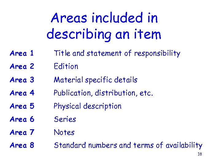 Areas included in describing an item Area 1 Title and statement of responsibility Area