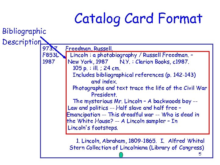 Bibliographic Description 973. 7 F 853 L 1987 Catalog Card Format Freedman, Russell. Lincoln