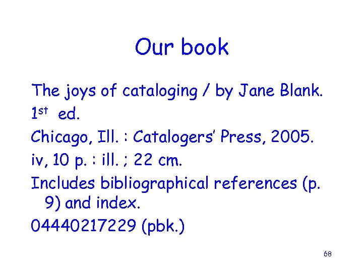 Our book The joys of cataloging / by Jane Blank. 1 st ed. Chicago,