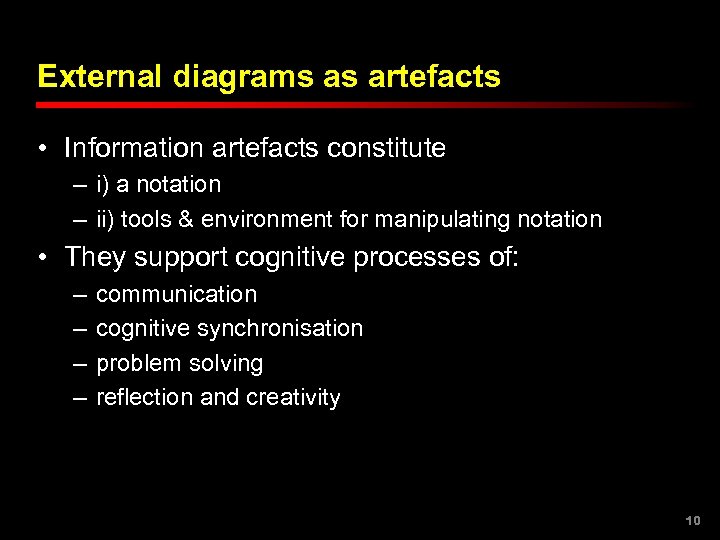 External diagrams as artefacts • Information artefacts constitute – i) a notation – ii)