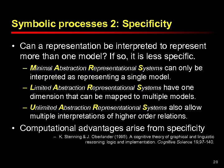 Symbolic processes 2: Specificity • Can a representation be interpreted to represent more than