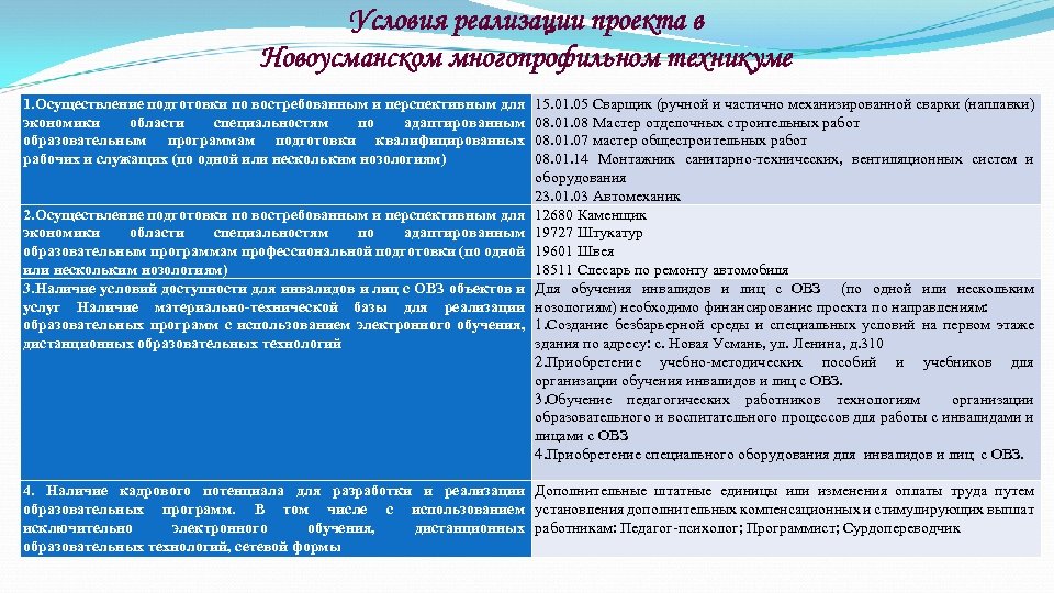 Условие реализации проекта