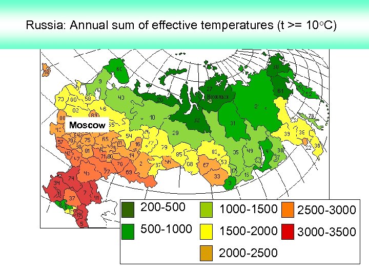 Russia: Annual sum of effective temperatures (t >= 10 o. C) Moscow 200 -500