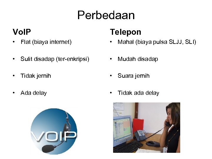 Perbedaan Vo. IP Telepon • Flat (biaya internet) • Mahal (biaya pulsa SLJJ, SLI)
