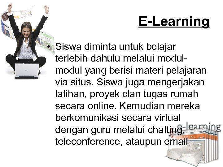 E-Learning • Siswa diminta untuk belajar terlebih dahulu melalui modul yang berisi materi pelajaran