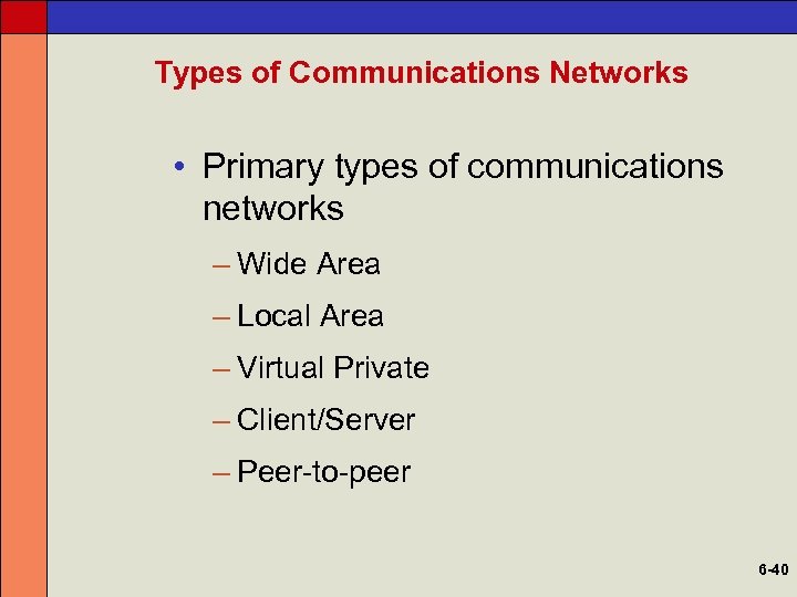 Types of Communications Networks • Primary types of communications networks – Wide Area –