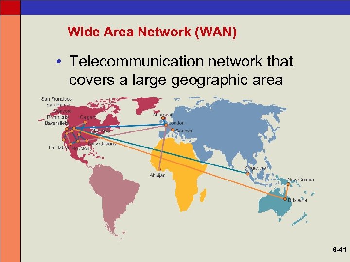 Wide Area Network (WAN) • Telecommunication network that covers a large geographic area 6