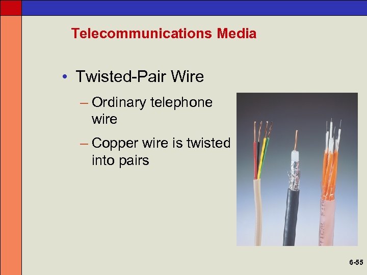 Telecommunications Media • Twisted-Pair Wire – Ordinary telephone wire – Copper wire is twisted