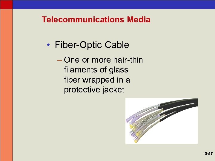 Telecommunications Media • Fiber-Optic Cable – One or more hair-thin filaments of glass fiber