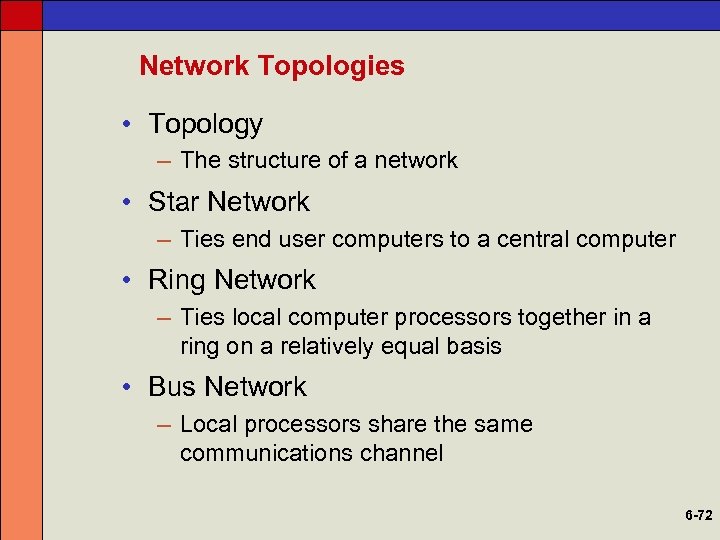 Network Topologies • Topology – The structure of a network • Star Network –