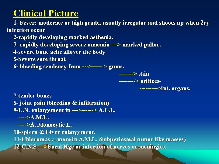 Clinical Picture 1 Fever: moderate or high grade, usually irregular and shoots up when