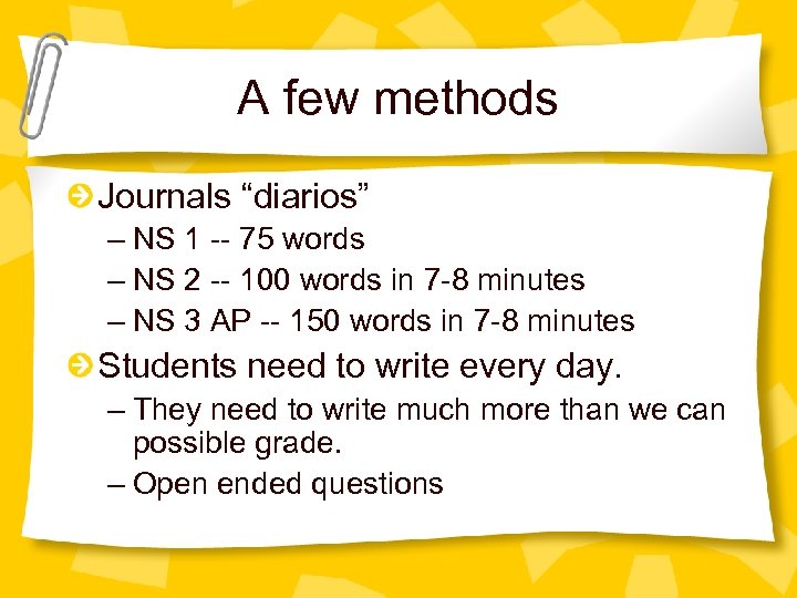A few methods Journals “diarios” – NS 1 -- 75 words – NS 2
