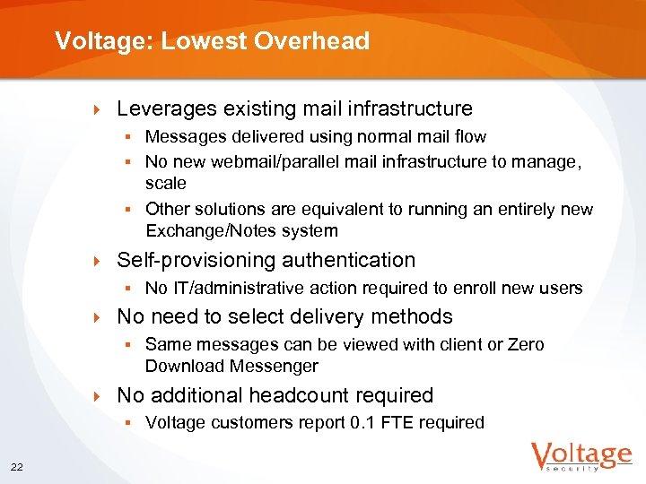 Voltage: Lowest Overhead } Leverages existing mail infrastructure Messages delivered using normal mail flow