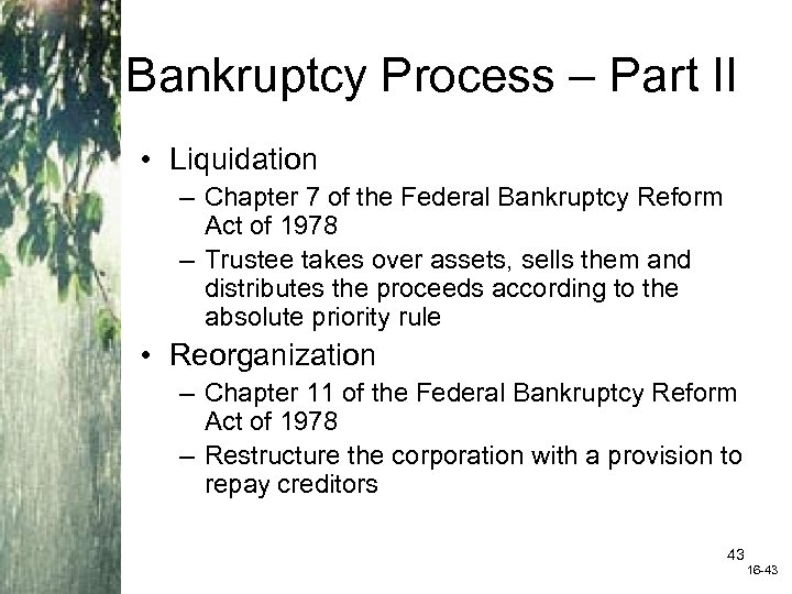 Bankruptcy Process – Part II • Liquidation – Chapter 7 of the Federal Bankruptcy