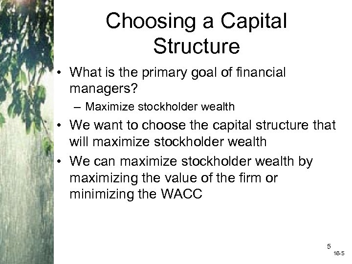 Choosing a Capital Structure • What is the primary goal of financial managers? –