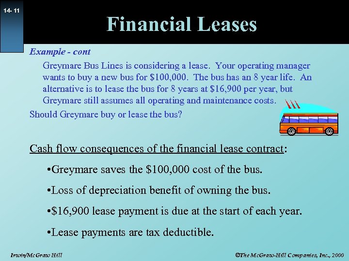 14 - 11 Financial Leases Example - cont Greymare Bus Lines is considering a