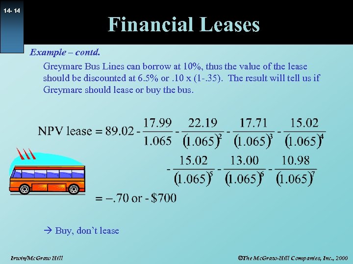 14 - 14 Financial Leases Example – contd. Greymare Bus Lines can borrow at