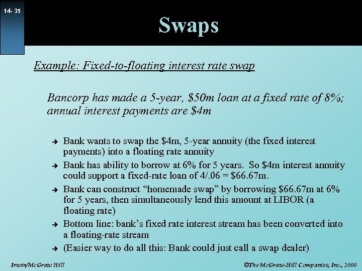 14 - 35 Swaps Example: Fixed-to-floating interest rate swap Bancorp has made a 5