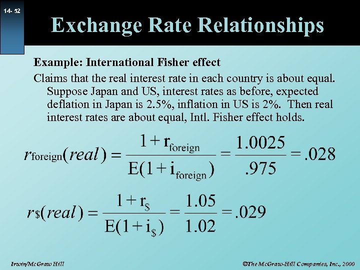 14 - 52 Exchange Rate Relationships Example: International Fisher effect Claims that the real