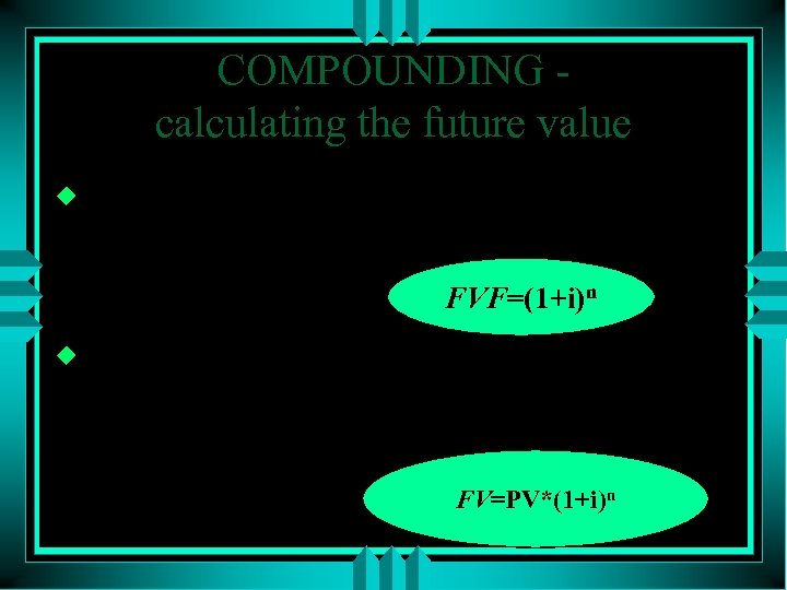 COMPOUNDING calculating the future value u FUTURE VALUE FACTOR - The value by which